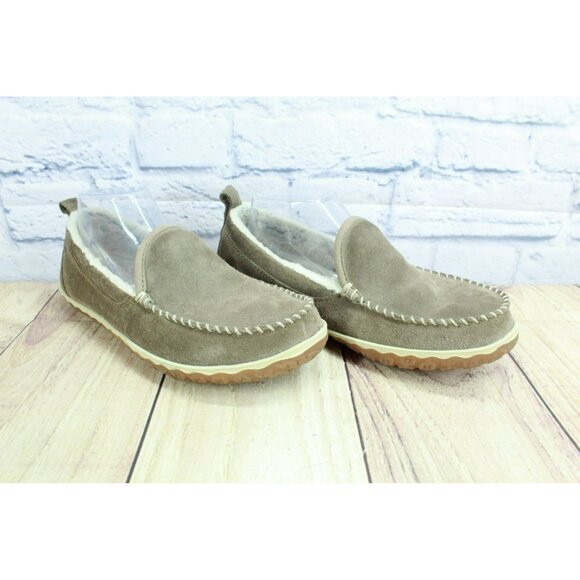 LL Bean Cement Suede Slip-On Fleece Lined Mountain Moccasin Slippers Size 8 M - Picture 3 of 9